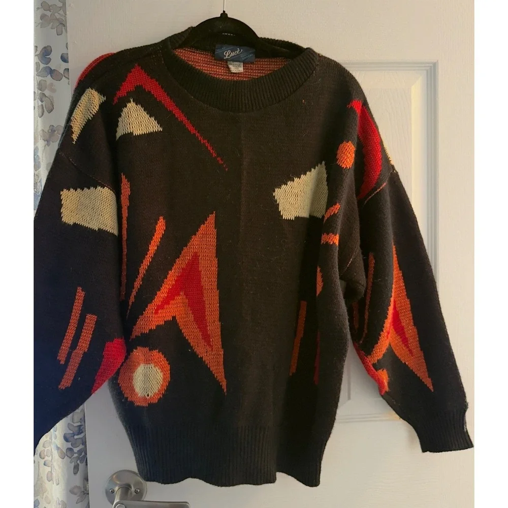 Vintage Luce Italy Abstract Geometric Lurex Knit Sweater Black Red Medium 290 - Picture 5 of 9